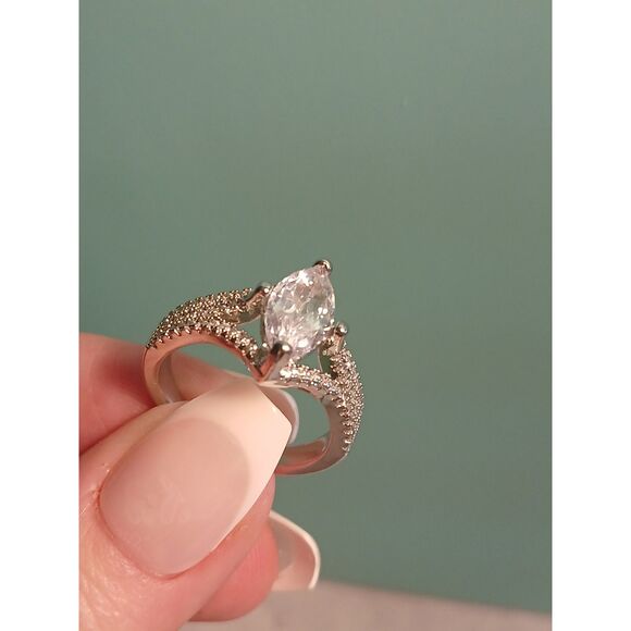 3Ct Marquise-Cut White Sapphire Halo Ring – Split Shank, 14K White Gold Plated - Picture 3 of 15